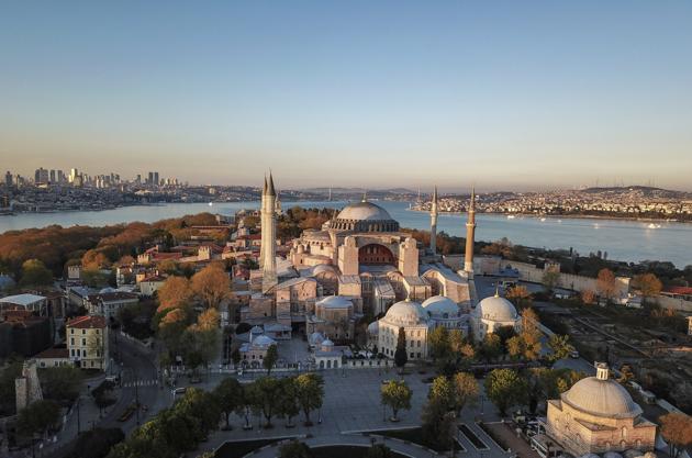 An aerial view of the Byzantine-era Hagia Sophia, on Saturday, April 25, 2020, one of Istanbul's main tourist attractions in the historic Sultanahmet district of Istanbul. (AP)