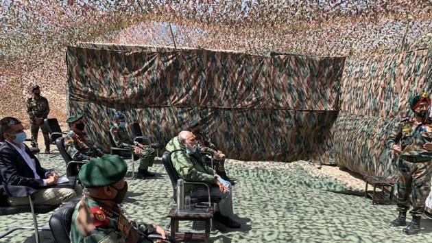 Prime Minister Narendra Modi interacting with soldiers in Nimu, near Leh in Ladakh on Friday.