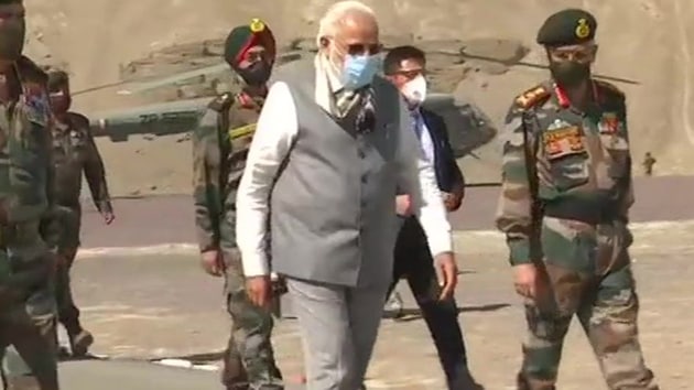 PM Modi’s visit to the border area is high on symbolism and a morale booster for the troops that are leading the stand-off in Galwan valley and around Pangong lake. (ANI/Twitter) PM Modi’s visit to the border area is high on symbolism and a morale booster for the troops that are leading the stand-off in Galwan valley and around Pangong lake. (ANI/Twitter)