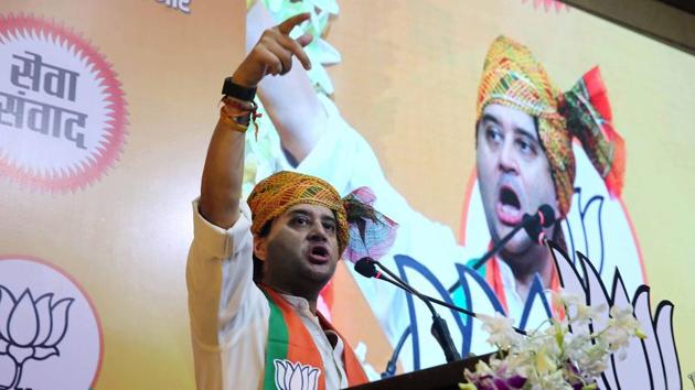 BJP leader and Rajya Sabha MP Jyotiraditya Scindia addresses during Sewa Samvad virtual rally in Bhopal on Friday. (ANI) BJP leader and Rajya Sabha MP Jyotiraditya Scindia addresses during Sewa Samvad virtual rally in Bhopal on Friday. (ANI)