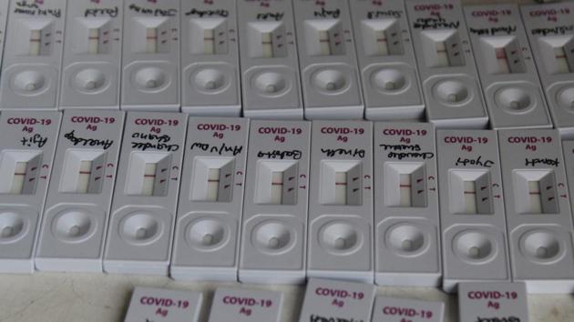 This is what a set of rapid antigen kits look like, as seen at a testing centre.  In Delhi, the daily positivity rate (number of people testing positive to number of tests), which was hovering around a peak of 32% in mid-June has since fallen and was 12.24% on July 1, reported HT. (Yogendra Kumar / HT Photo) 