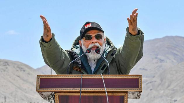 Prime Minister Narendra Modi addresses the Indian troops during his visit to the forward post in Ladakh, Friday, July 3, 2020.(PTI)