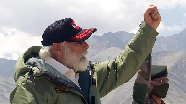 Prime Minister Narendra Modi addresses soldiers during his surprise visit to Ladakh, at Nimmoo in Leh on Friday. (ANI) Prime Minister Narendra Modi addresses soldiers during his surprise visit to Ladakh, at Nimmoo in Leh on Friday. (ANI)