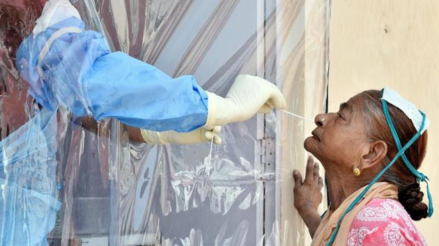 A health worker collects swab sample for the COVID-19 test at city dispensary No 4, in Bikaner. (ANI) A health worker collects swab sample for the COVID-19 test at city dispensary No 4, in Bikaner. (ANI)