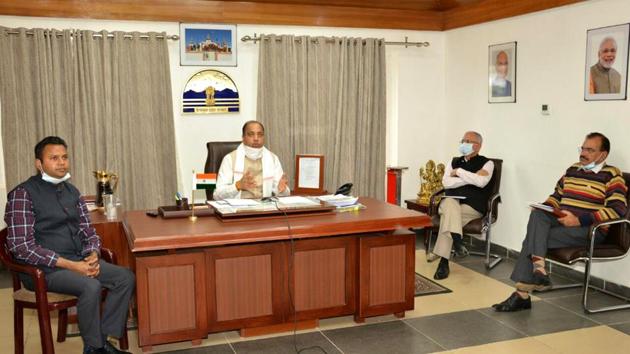 Chief minister Jai Ram Thakur during a video conference in Shimla on Saturday. (HT photo) Chief minister Jai Ram Thakur during a video conference in Shimla on Saturday. (HT photo)