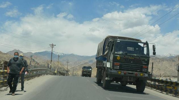 A convoy of Indian army trucks move towards the Line of Actual Control (LAC) in eastern Ladakh, in the backdrop of the current stand-off with Chinese troops, in Leh.(PTI)
