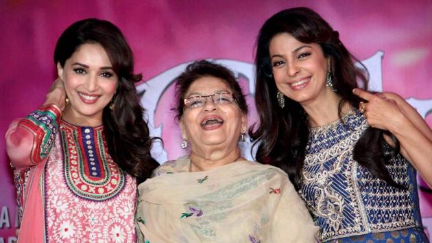 Madhuri Dixit, Juhi Chawla and choreographer Saroj Khan (C) during a promotional event for Gulaab Gang in Mumbai.(PTI)