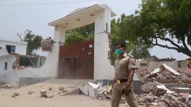 Debris lie on the ground following the demolition of the house of gangster Vikay Dubey, in Kanpur on Saturday. (PTI Photo) Debris lie on the ground following the demolition of the house of gangster Vikay Dubey, in Kanpur on Saturday. (PTI Photo)