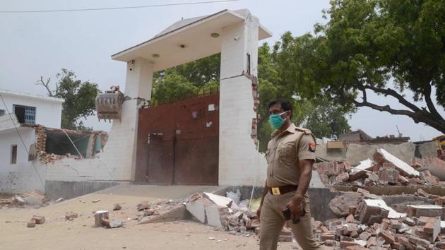 Debris lie on the ground following the demolition of the house of gangster Vikay Dubey, in Kanpur on Saturday. (PTI Photo) Debris lie on the ground following the demolition of the house of gangster Vikay Dubey, in Kanpur on Saturday. (PTI Photo)