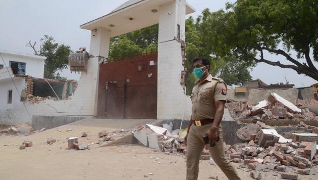 Debris lie on the ground following the demolition of the residence of criminal Vikay Dubey, after firing in Bikaru village where 8 police personnel lost their lives, in Kanpur on Saturday, July 4, 2020. (PTI Photo) Debris lie on the ground following the demolition of the residence of criminal Vikay Dubey, after firing in Bikaru village where 8 police personnel lost their lives, in Kanpur on Saturday, July 4, 2020. (PTI Photo)