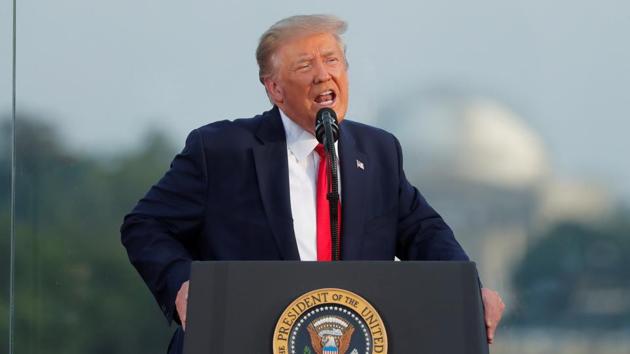 US President Donald Trump speaks to attendees as he hosts a 4th of July "2020 Salute to America" to celebrate the US Independence Day holiday at the White House in Washington.(REUTERS)