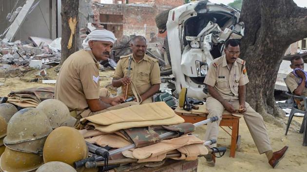 Policemen were ambushed when they approached the house of Vikas Dubey, a history-sheeter facing 60 criminal cases, on the intervening night of Thursday and Friday (PTI Photo) Policemen were ambushed when they approached the house of Vikas Dubey, a history-sheeter facing 60 criminal cases, on the intervening night of Thursday and Friday (PTI Photo)