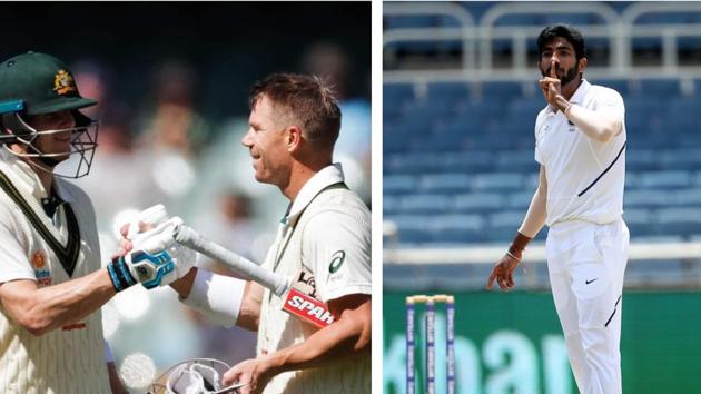 Steve Smith and David Warner (on left). Jasprit Bumrah (on right). File images.(HT Collage/Getty Images/BCCI)