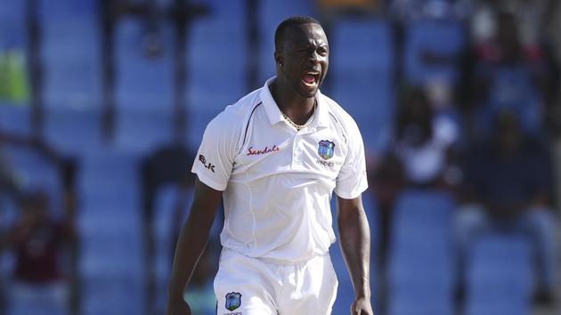 West Indies' bowler Kemar Roach appeals during day one of the first Test cricket match against India at the Sir Vivian Richards cricket ground in North Sound, Antigua and Barbuda, Thursday, Aug. 22, 2019. (AP Photo/Ricardo Mazalan)(AP)