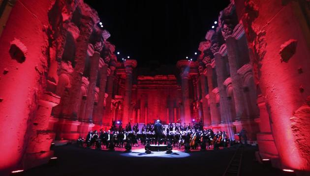 Baalbek: Musicians from the Lebanese Philharmonic Orchestra perform during a concert in the ancient northeastern city of Baalbek, Lebanon, Sunday, July 5, 2020.(AP) Baalbek: Musicians from the Lebanese Philharmonic Orchestra perform during a concert in the ancient northeastern city of Baalbek, Lebanon, Sunday, July 5, 2020.(AP)