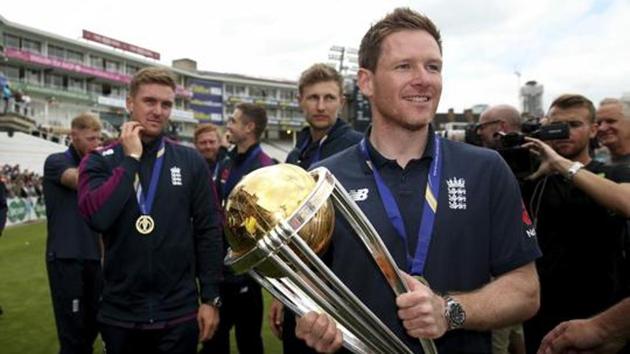 England's Eoin Morgan with the Trophy during celebrations marking their Cricket World Cup victory on Sunday over New Zealand, during at the Oval cricket ground in London Monday July 15, 2019.(AP)