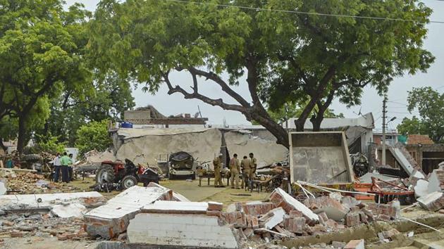 Debris lie on the ground after demolition of the house of gangster Vikas Dubey, in Kanpur on Sunday. (PTI Photo) Debris lie on the ground after demolition of the house of gangster Vikas Dubey, in Kanpur on Sunday. (PTI Photo)