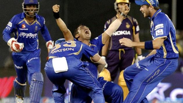 Rajasthan Royals' Pravin Tambe celebrates with teammates after claiming a hat-trick against Kolkata Knight Riders in their IPL match Motera Stadium in Ahmedabad.(PTI Photo)