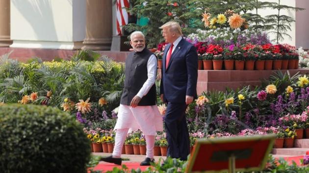 U.S. President Donald Trump and India's Prime Minister Narendra Modi arrive for their joint news conference at Hyderabad House in New Delhi, India. (Reuters) U.S. President Donald Trump and India's Prime Minister Narendra Modi arrive for their joint news conference at Hyderabad House in New Delhi, India. (Reuters)