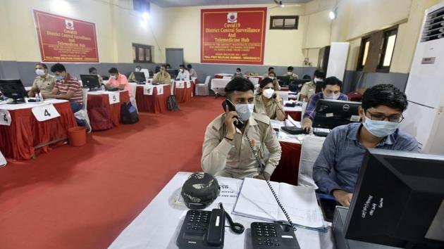 Operators at work in a Covid-19 telemedicine and surveillance hub at the District Magistrate's office in Daryaganj on July 4. Even though it is declining, Delhi’s case fatality rate—the number of people who died of Covid-19—remains over 3%. This is slightly higher than the national average of about 2.8%. (Sanjeev Verma / HT Photo) Operators at work in a Covid-19 telemedicine and surveillance hub at the District Magistrate's office in Daryaganj on July 4. Even though it is declining, Delhi’s case fatality rate—the number of people who died of Covid-19—remains over 3%. This is slightly higher than the national average of about 2.8%. (Sanjeev Verma / HT Photo)