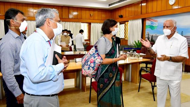 Karnataka Chief Minister BS Yediyurappa interacts with the central team who arrived to collect report on the COVID-19 situation in the state,in Bengaluru on July 7. After announcing relief packages, Yediyurappa decided to go full throttle in opening up Bengaluru by lifting lockdown regulations due to an empty treasury, reported HT. (ANI) Karnataka Chief Minister BS Yediyurappa interacts with the central team who arrived to collect report on the COVID-19 situation in the state,in Bengaluru on July 7. After announcing relief packages, Yediyurappa decided to go full throttle in opening up Bengaluru by lifting lockdown regulations due to an empty treasury, reported HT. (ANI)