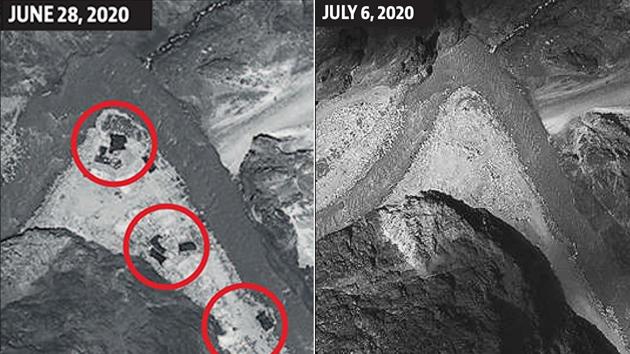 Satellite images from June 28 and July 6 released on Tuesday by Maxar, a US-based satellite imagery company, show the Chinese expansion at the Galwan Valley in eastern Ladakh has been removed as part of the disengagement procedure.(maxar/AP Photo)