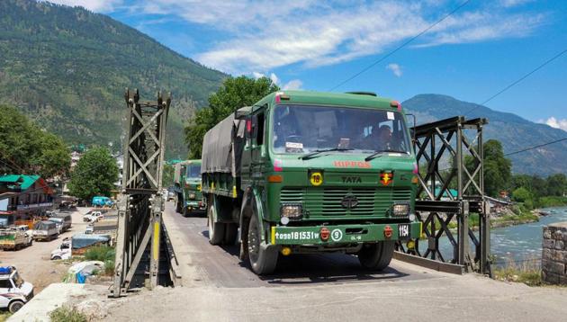 Indian Army trucks depart towards Ladakh amid stand off between Indian and Chinese troops in eastern Ladakh, Manali-Leh highway in Kullu district, July 6, 2020(PTI)