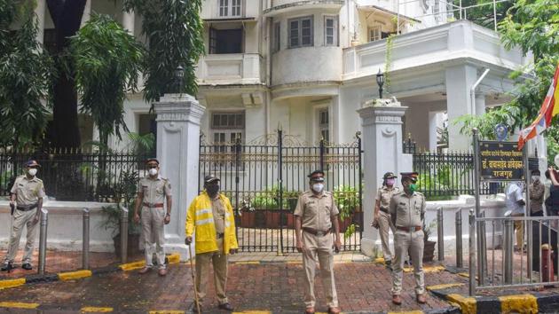 Police personnel stand guard outside Rajgruha, Dr BR Ambedkar's residence, after some unidentified people vandalized it on Tuesday evening, at Dadar in Mumbai. (PTI) Police personnel stand guard outside Rajgruha, Dr BR Ambedkar's residence, after some unidentified people vandalized it on Tuesday evening, at Dadar in Mumbai. (PTI)