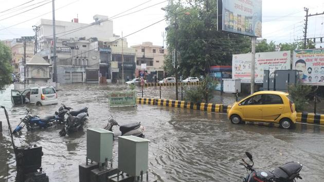 A water-logged street in Haridwar after heavy rain.(HT PHOTO)