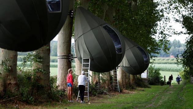 Guests climb a ladder to reach a teardrop-shaped tent hanging from a tree. (REUTERS/Francois Lenoir)
