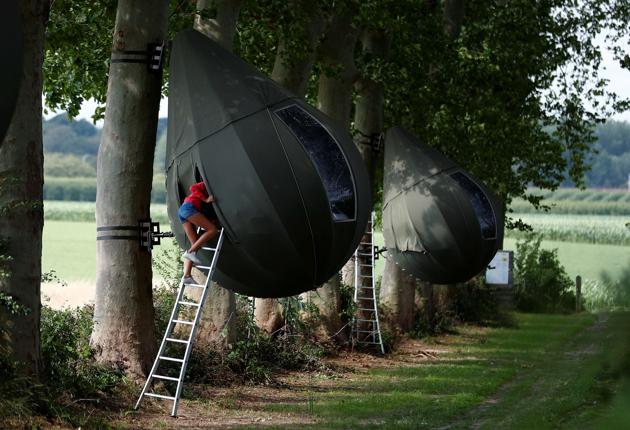 A guest climbs on a ladder to enter a teardrop-shaped tent hanging from a tree in Belgium. (REUTERS/Francois Lenoir)