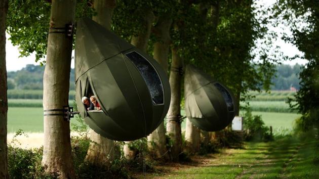 Guests pose a they enjoy their staycation inside a teardrop-shaped tent hanging from a tree in the Belgian countryside. (REUTERS/Francois Lenoir)