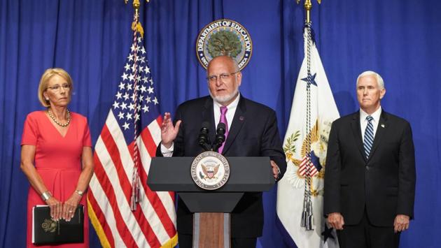 Robert Redfield, director of the Centers for Disease Control and Prevention (CDC), speaks during a White House Coronavirus Task Force briefing at the Department of Education in Washington, D.C. on July 8. The Trump administration has pushed for a full reopening of the nation’s schools, with Education Secretary Betsy DeVos saying anything less would be a failure. (Joshua Roberts / Bloomberg)