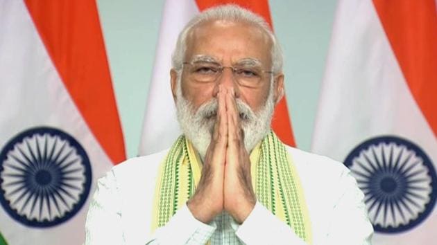 Prime Minister Narendra Modi during dedication of the 750MW Solar Project of Rewa (Madhya Pradesh) to the nation via video conferencing, in New Delhi on Friday.(ANI) Prime Minister Narendra Modi during dedication of the 750MW Solar Project of Rewa (Madhya Pradesh) to the nation via video conferencing, in New Delhi on Friday.(ANI)