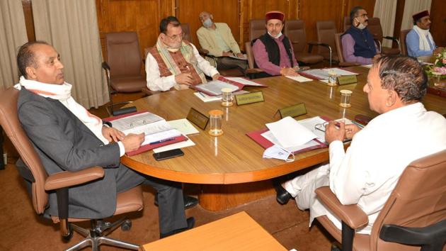 Chief minister Jai Ram Thakur presiding over a cabinet meeting at the Himachal Pradesh Secretariat in Shimla on Friday.(HT Photo)