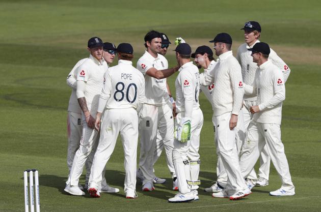 Southampton : England's James Anderson, center without cap, celebrates with teammates the dismissal of West Indies' Roston Chase during the third day of the first cricket Test match between England and West Indies, at the Ageas Bowl in Southampton, England, Friday, July 10, 2020. AP/PTI(AP10-07-2020_000206B) (AP)