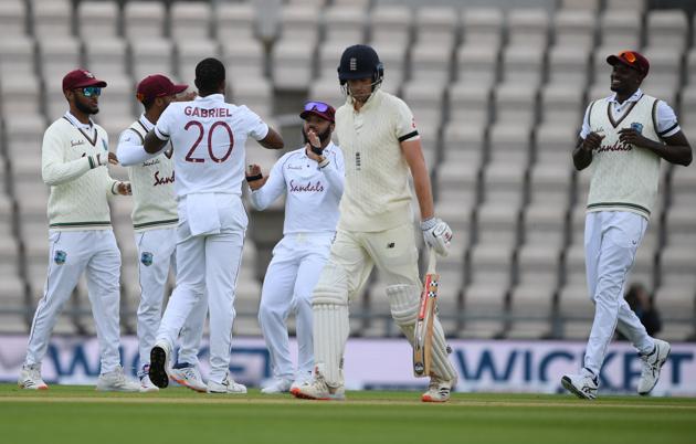 Cricket - First Test - England v West Indies - Rose Bowl Cricket Stadium, Southampton, Britain - July 8, 2020 England's Dom Sibley looks dejected after being bowled by West Indies' Shannon Gabriel, as play resumes behind closed doors following the outbreak of the coronavirus disease (COVID-19) Mike Hewitt/Pool via REUTERS (REUTERS)