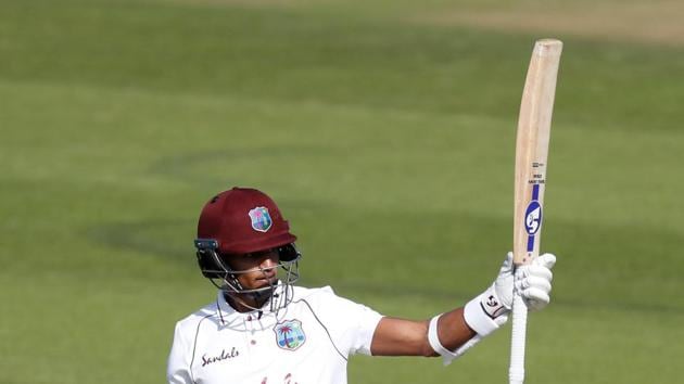 Cricket - First Test - England v West Indies - Rose Bowl Cricket Stadium, Southampton, Britain - July 10, 2020 West Indies' Shane Dowrich celebrates his half century, as play resumes behind closed doors following the outbreak of the coronavirus disease (COVID-19) Adrian Dennis/Pool via REUTERS (REUTERS)