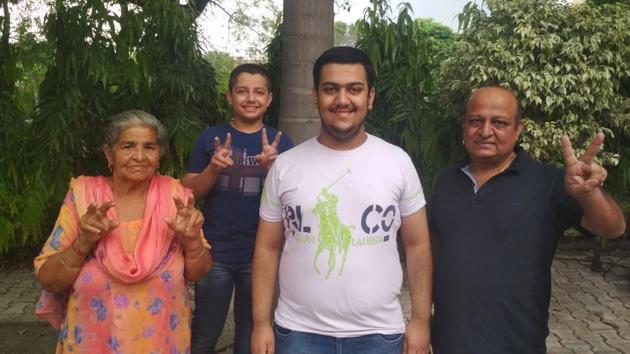 Naman Bhardwaj, one of the two tricity Class 10 toppers, with his family in Panchkula on Friday. (Sant Arora/HT) Naman Bhardwaj, one of the two tricity Class 10 toppers, with his family in Panchkula on Friday. (Sant Arora/HT)