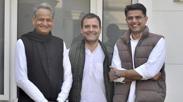 Former Congress chief Rahul Gandhi with Rajasthan chief minister Ashok Gehlot and deputy chief minister Sachin Pilot.(@RahulGandhi/Twitter) Former Congress chief Rahul Gandhi with Rajasthan chief minister Ashok Gehlot and deputy chief minister Sachin Pilot.(@RahulGandhi/Twitter)