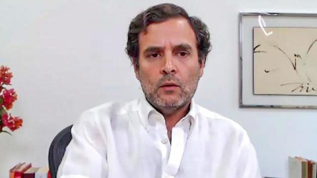 Congress leader Rahul Gandhi attends a meeting of the Opposition parties via video conferencing, in New Delhi.(PTI File Photo)