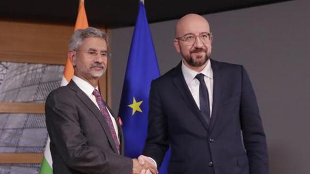External affairs minister S Jaishankar welcomed by European Council President Charles Michel prior to a meeting at the Europa building in Brussels in February 2020.(AP/ File photo) External affairs minister S Jaishankar welcomed by European Council President Charles Michel prior to a meeting at the Europa building in Brussels in February 2020.(AP/ File photo)