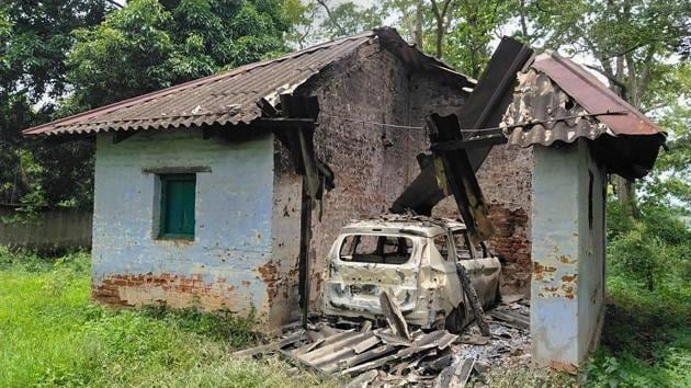 A part of the forest guest house which was blown up by CPI-Maoist extremists at Barkela area in Chaibasa district of Jharkhand, Sunday, July 12, 2020.(PTI)