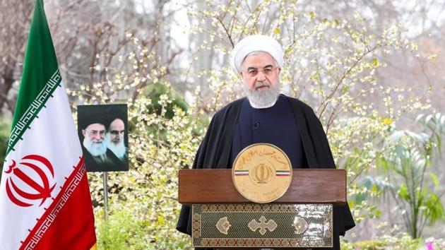 Iranian President Hassan Rouhani delivers a televised speech on the occasion of the Iranian New Year Nowruz, praising doctors and nurses for their courage in fighting against the coronavirus disease (COVID-19), in Tehran. (VIA REUTERS) Iranian President Hassan Rouhani delivers a televised speech on the occasion of the Iranian New Year Nowruz, praising doctors and nurses for their courage in fighting against the coronavirus disease (COVID-19), in Tehran. (VIA REUTERS)