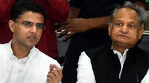 Rajasthan chief minister Ashok Gehlot with deputy chief minister Sachin Pilot during a party committee meeting at Pradesh Congress Committee Headquarters in Jaipur.(PTI File Photo) Rajasthan chief minister Ashok Gehlot with deputy chief minister Sachin Pilot during a party committee meeting at Pradesh Congress Committee Headquarters in Jaipur.(PTI File Photo)