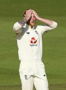 England captain Ben Stokes reacts as West Indies batsmen take a run during the fifth day of the first cricket Test match between England and West Indies, at the Ageas Bowl in Southampton, England, Sunday, July 12, 2020. (Mike Hewitt/Pool via AP) (AP)