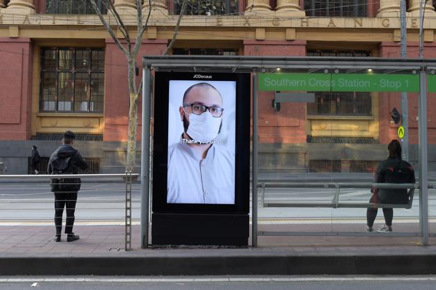 A display thanking General Practitioners (GP's) is displayed at a tram stop in Melbourne, Australia, on Thursday, July 9, 2020.(Bloomberg)