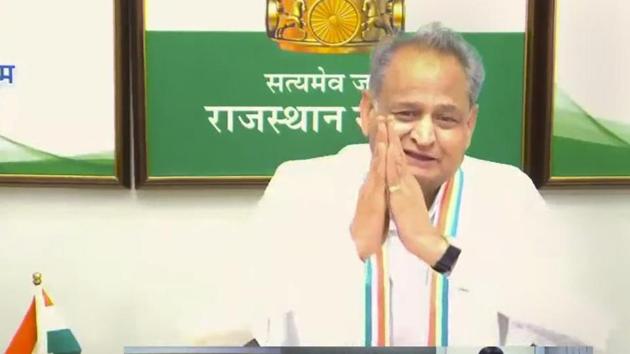 Rajasthan CM Ashok Gehlot addresses a press conference via video conferencing.(PTI file photo)