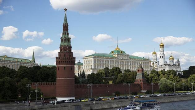 A tourist boat passes the Kremlin in Moscow, Russia, Friday, July 10, 2020, with the Grand Kremlin Palace, center, the Ivan the Great Bell Tower, center right, and Vodovzvodnaya Tower, center left in the background. (AP) A tourist boat passes the Kremlin in Moscow, Russia, Friday, July 10, 2020, with the Grand Kremlin Palace, center, the Ivan the Great Bell Tower, center right, and Vodovzvodnaya Tower, center left in the background. (AP)