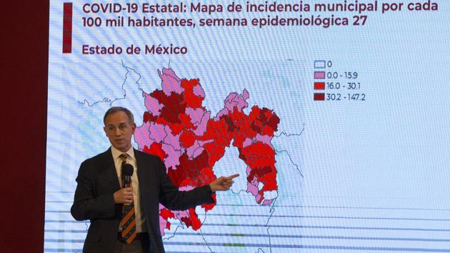 Deputy Health Secretary Hugo Lopez-Gatell speaks during a press conference about the new coronavirus at the Palacio Nacional in Mexico City on July 13. Mexico has surpassed 35,000 confirmed COVID-19 deaths and received rare critique from the World Health Organization. (Marco Ugarte / AP) Deputy Health Secretary Hugo Lopez-Gatell speaks during a press conference about the new coronavirus at the Palacio Nacional in Mexico City on July 13. Mexico has surpassed 35,000 confirmed COVID-19 deaths and received rare critique from the World Health Organization. (Marco Ugarte / AP)